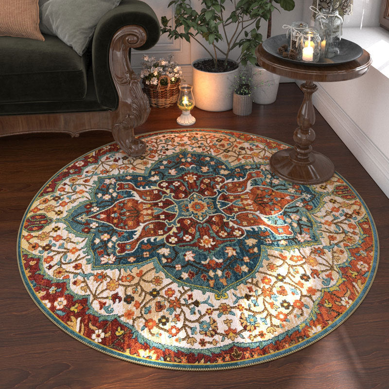 Ethnic Round Area Rug, Abstract Art, Machine Washable Polyester