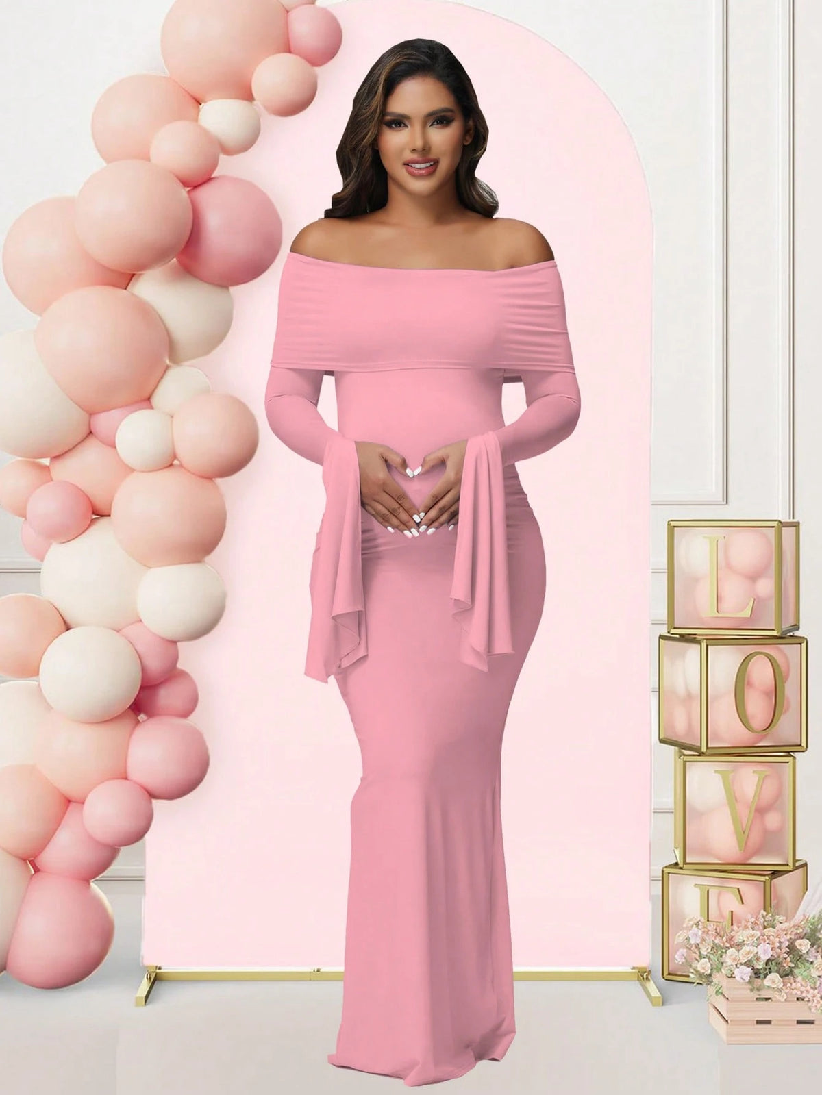 Bell-sleeved Off-shoulder Slim-fit Slit Maternity Dress