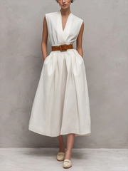 Women's Sleeveless V Neck Pleated a Line Midi Dress
