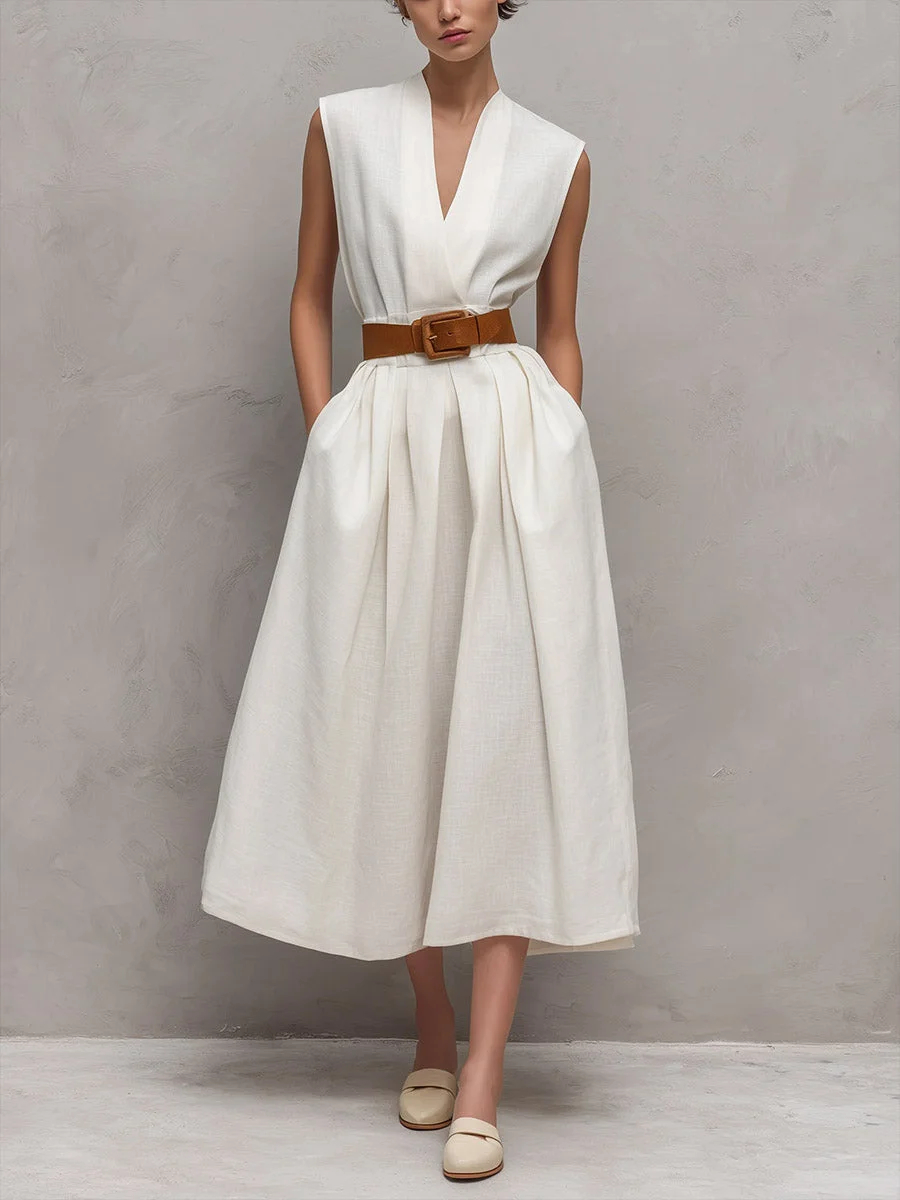 Women's Sleeveless V Neck Pleated a Line Midi Dress