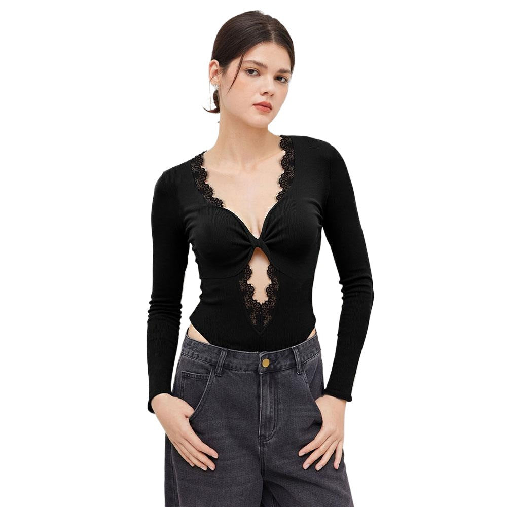 Black V-Neck Lace Trim Twist Slim Bodysuit