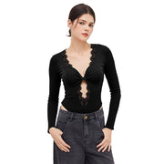 Black V-Neck Lace Trim Twist Slim Bodysuit