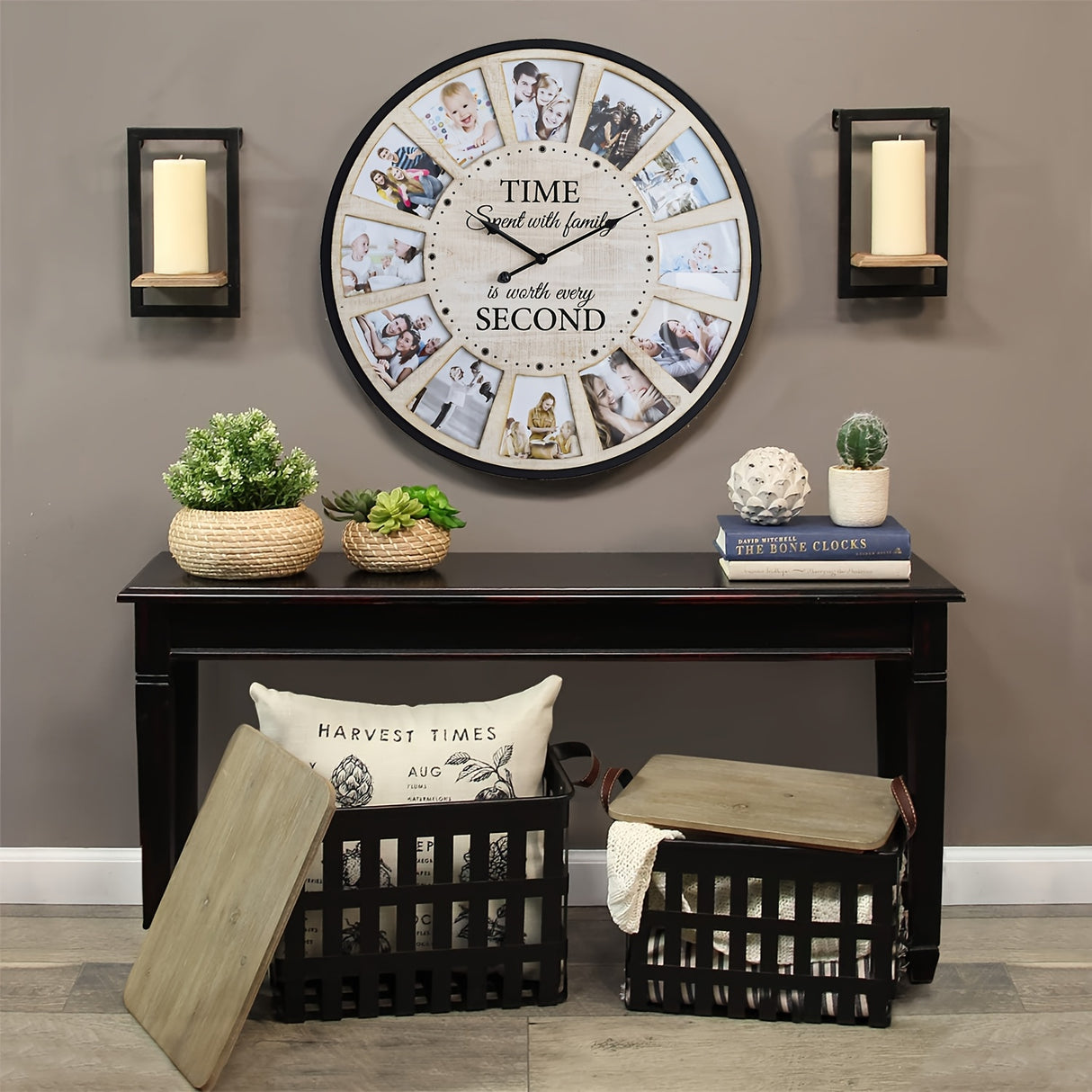 Rustic Farmhouse Wood Wall Clock With 12 Photo Collage Frame, Large Oversized Wall Clock For Home, Kitchen, Living Room, Silent Battery Powered 24 Inch