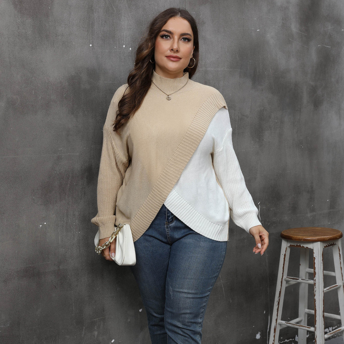 Contrast-color Patchwork Crossover Woven Sweater Mock-neck Pullover