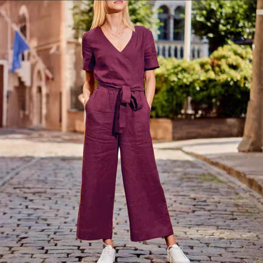 Color-Block Casual Loose-Fit Wide-Leg Jumpsuit