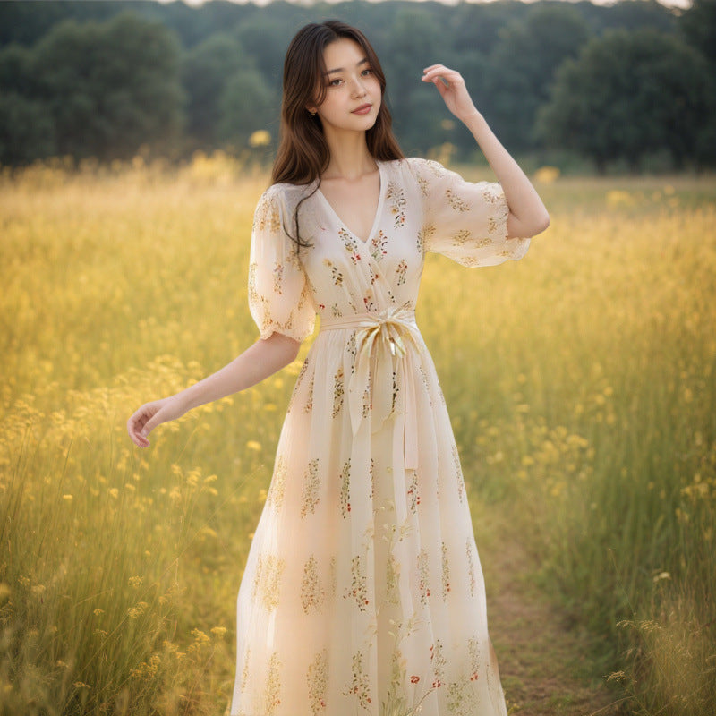 French-style Bohemian Yellow Floral Puff-sleeve Dress for Women
