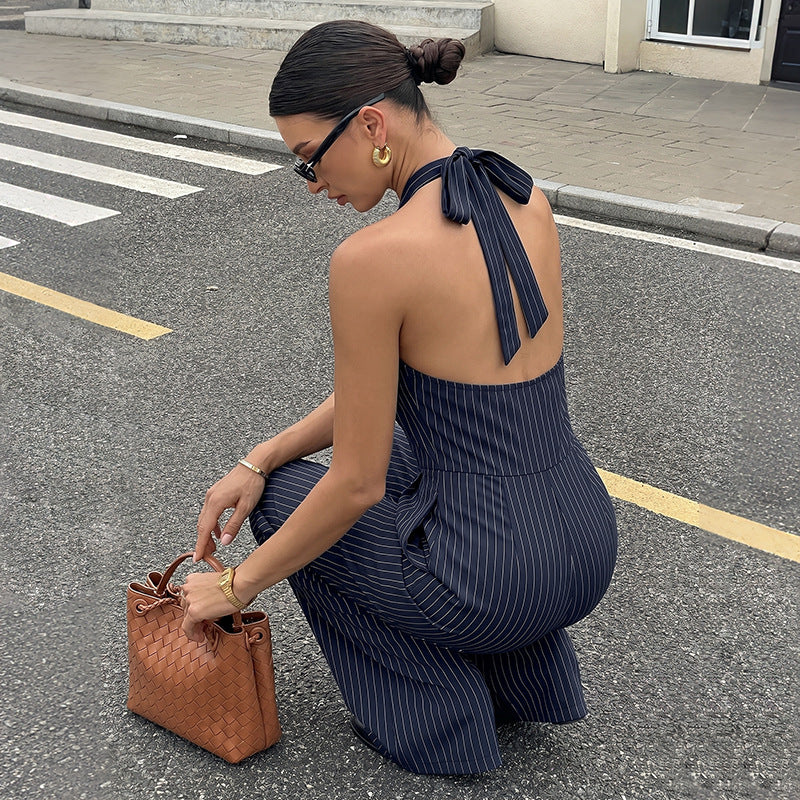 Navy Pinstripe Halter Wide-Leg Jumpsuit