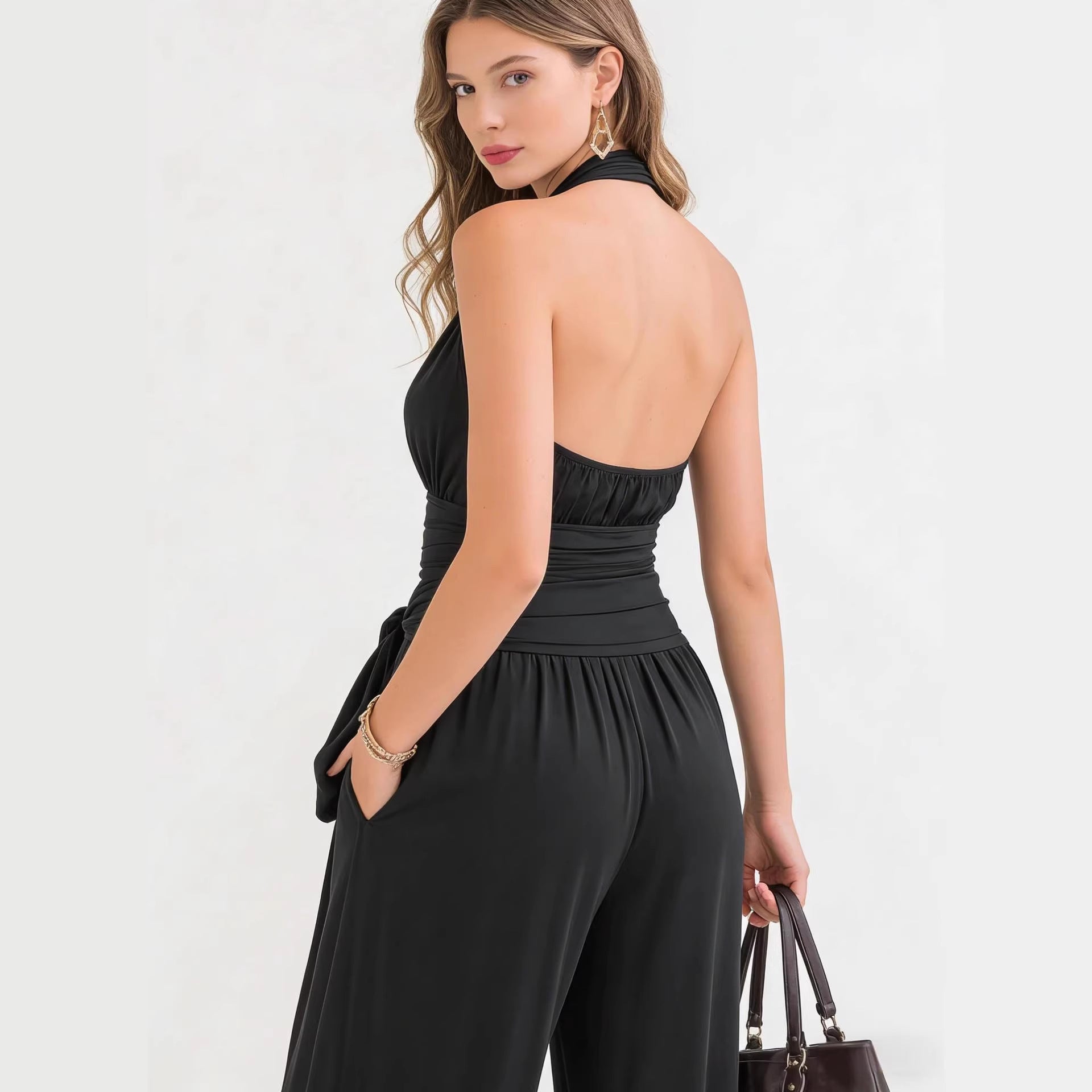 Halter-Neck V-Neck Solid Jumpsuit
