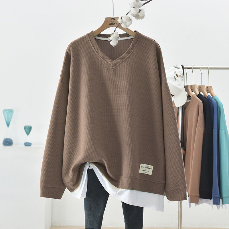 Oversized V-Neck Waffle Knit Sweater for Women
