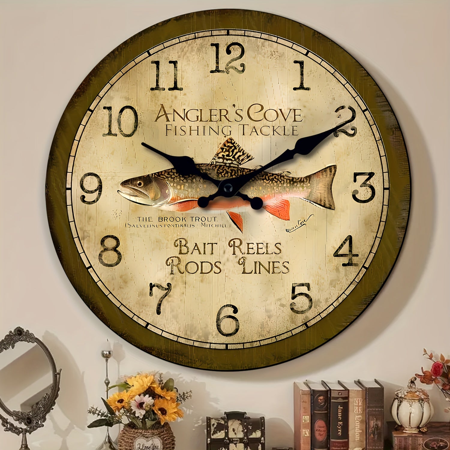 A 10-16-inch vintage wooden large trout fishing gear clock wall- battery-powered, silent clock, suitable for living room, bedroom, home, kitchen, fishing gear store decoration clock wall, as a gift for fishing enthusiasts (battery-free)