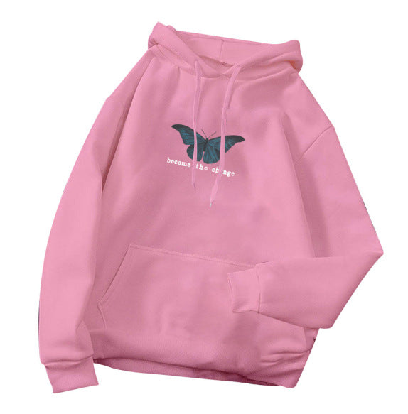 Cozy Butterfly Print Loose Pullover Hoodie
