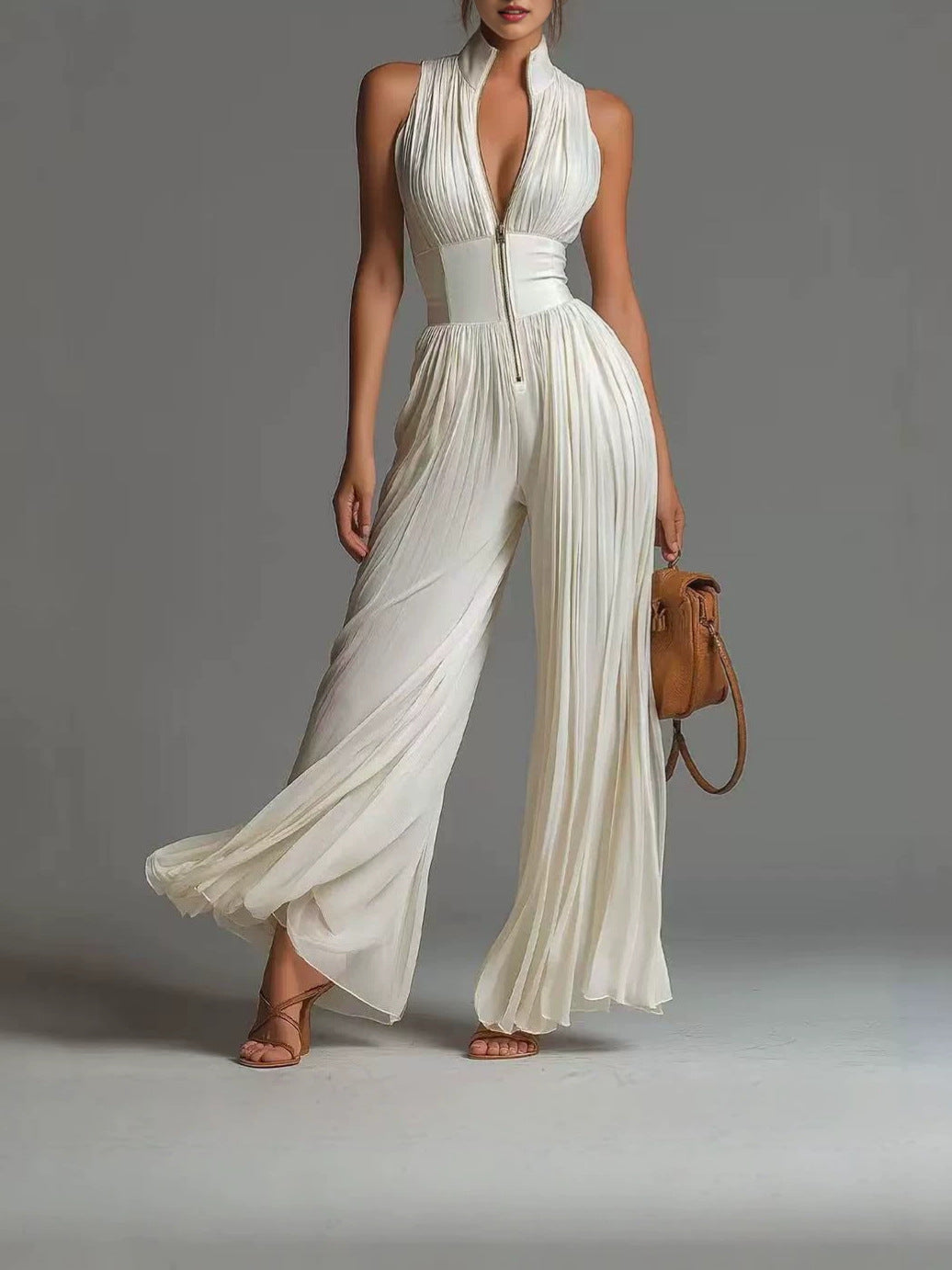 Floral Print Halterneck Pleated Jumpsuit with Side Slit