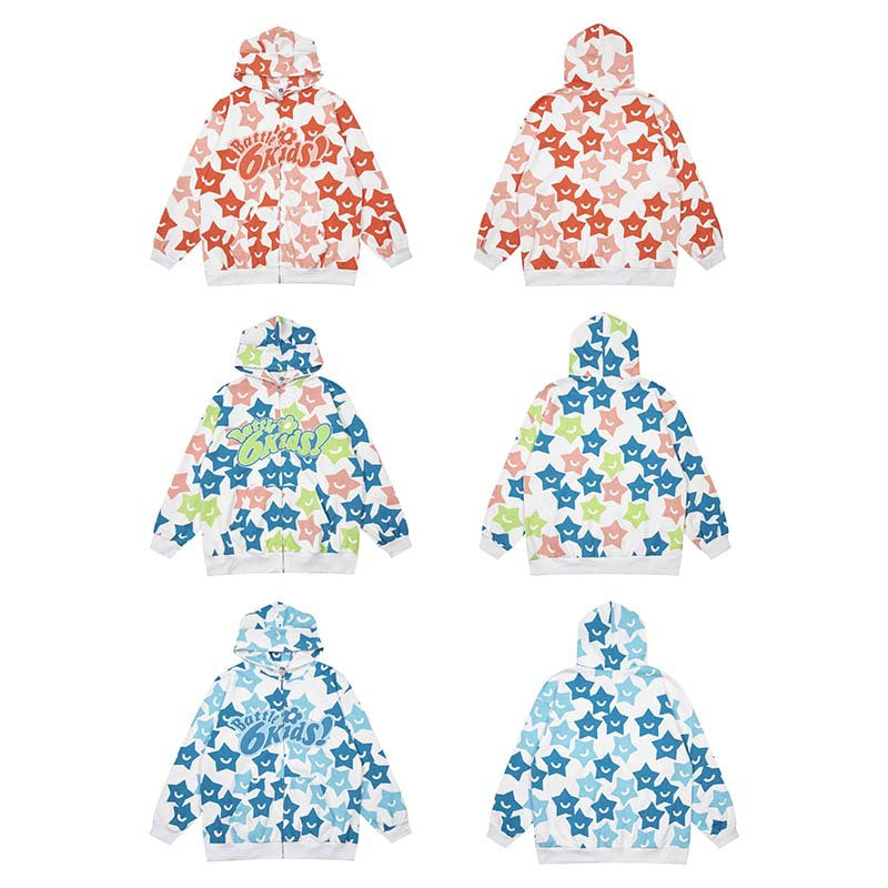 Women's Star Print Zip-Up Hoodie Casual Sweatshirt