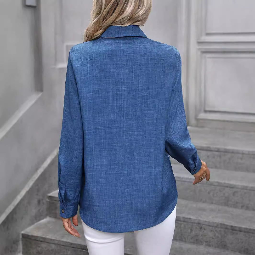Women's Casual Single-breasted Solid Color Color Matching Long Sleeve Lapel Shirt