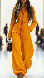 Retro-Modern Zippered Long-Sleeve Wide-Leg Jumpsuit
