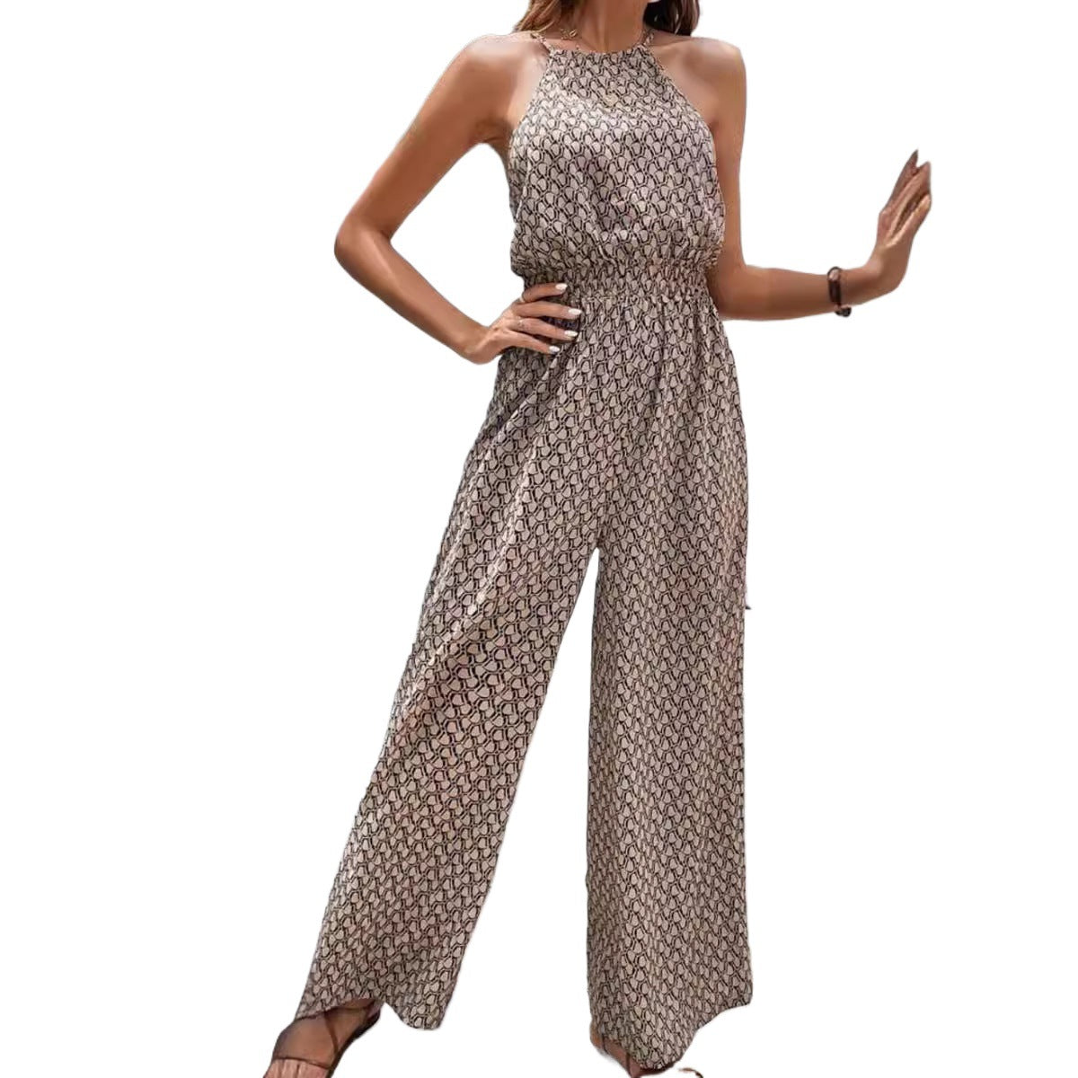 Chic Geometric Leopard Print Sleeveless Wide-Leg Jumpsuit