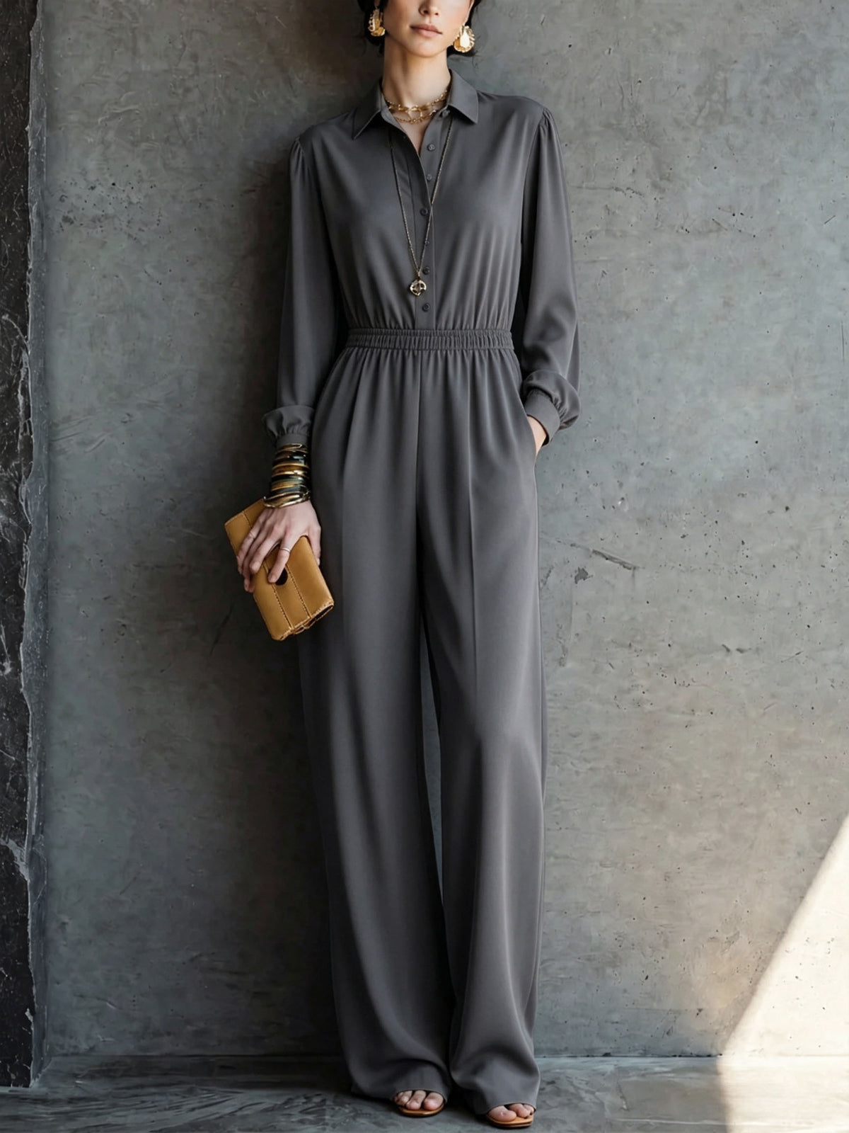 Casual Solid Color Pocket Long Sleeve Jumpsuit