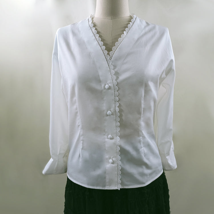 Rose Fiber Comes With Flower Fragrance High-end Design V-neck Lace White Shirt