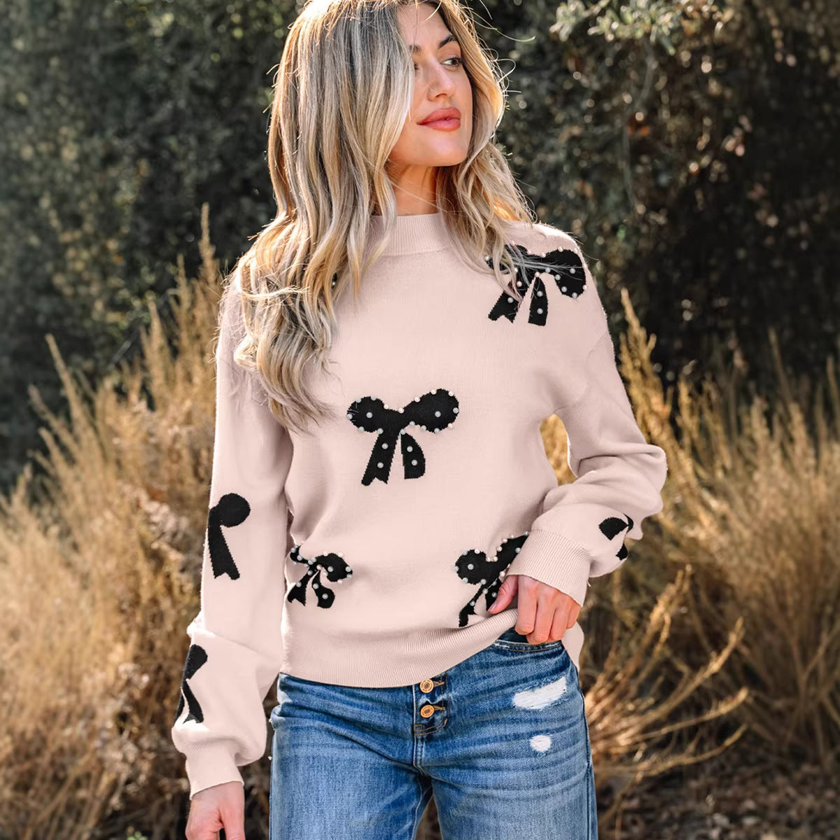 Women's Printed Crew-neck Beaded Sweater