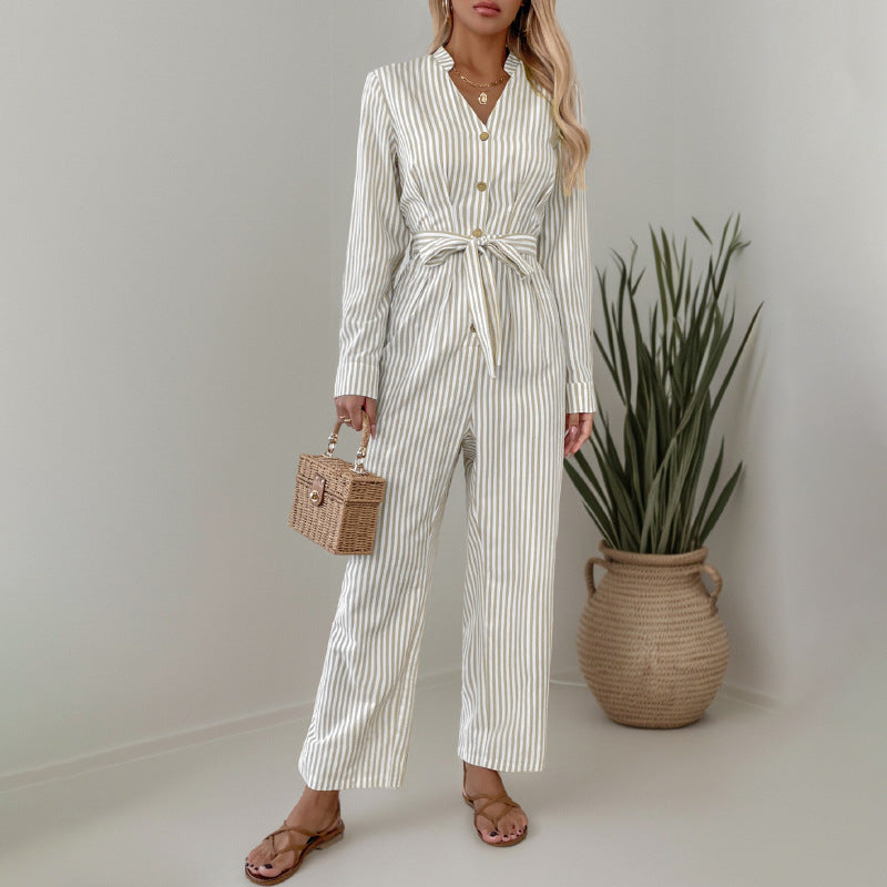 Chic Striped Lace-Up Commuter Jumpsuit