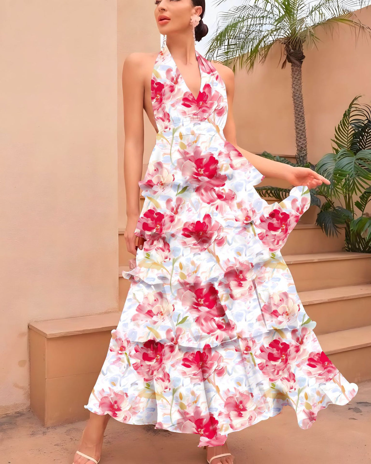 Womens V-neck Strap Multi-layer Printed Dress