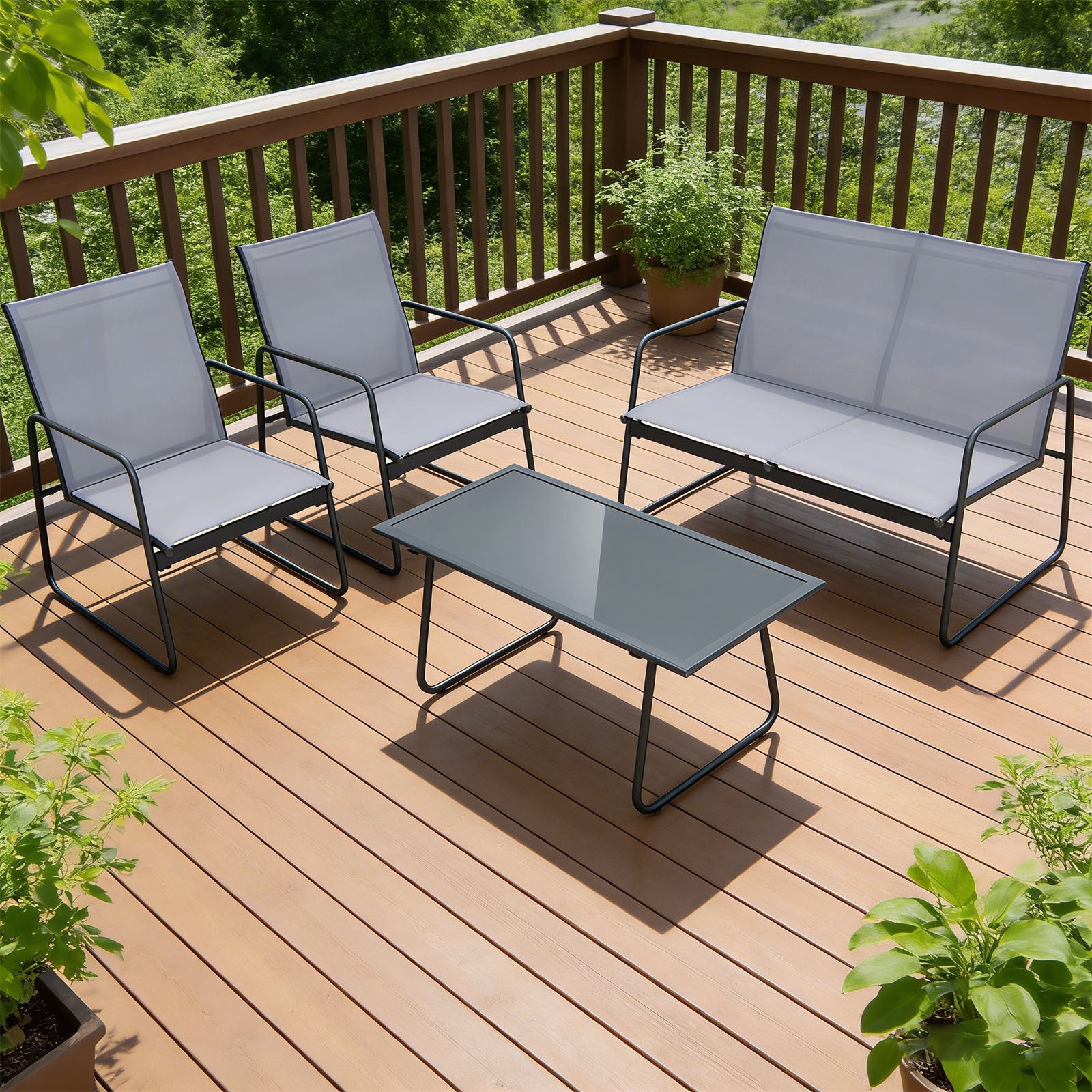 4pcs Outdoor Patio Set with Tempered Glass Coffee Table, Breathable Fabric and Robust Metal Frame, Conversation Furniture for Backyard, Poolside, and Garden Use, Grey