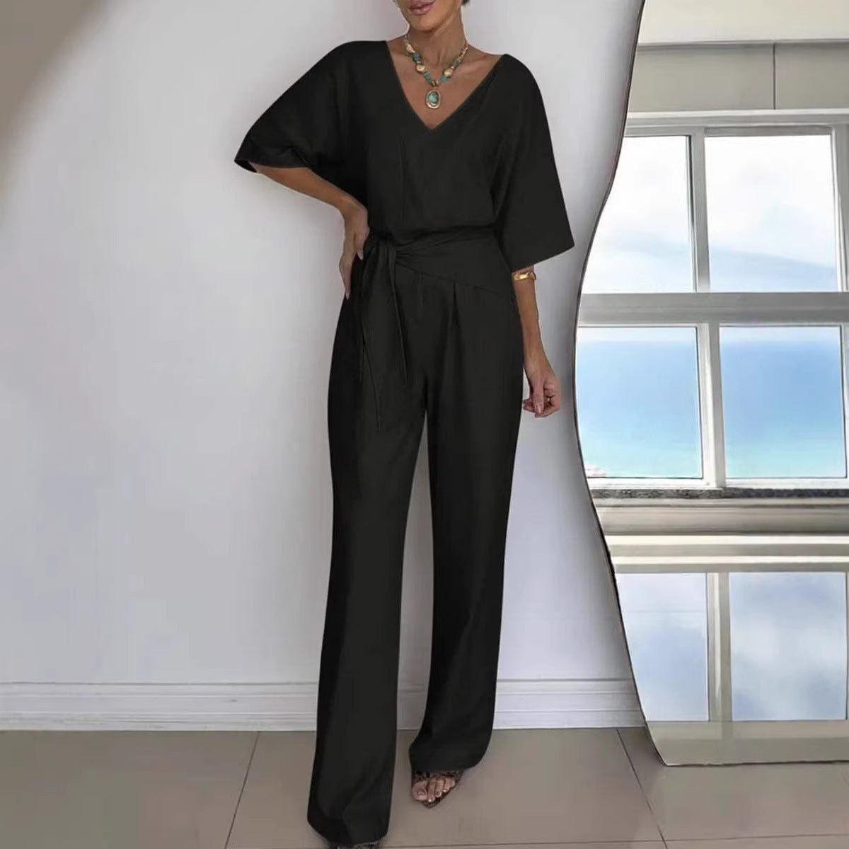 Chic V-Neck Belted Wide-Leg Jumpsuit