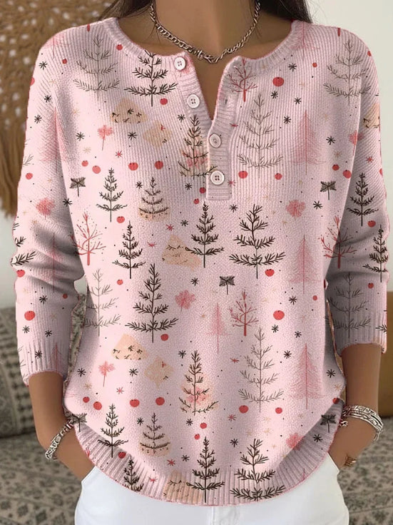 Women's Christmas Tree Art Print Buttoned Cardigan Sweater