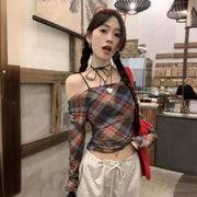 Retro Plaid Off-Shoulder Mesh Sun Protection Top – Slim Fit Sleeve