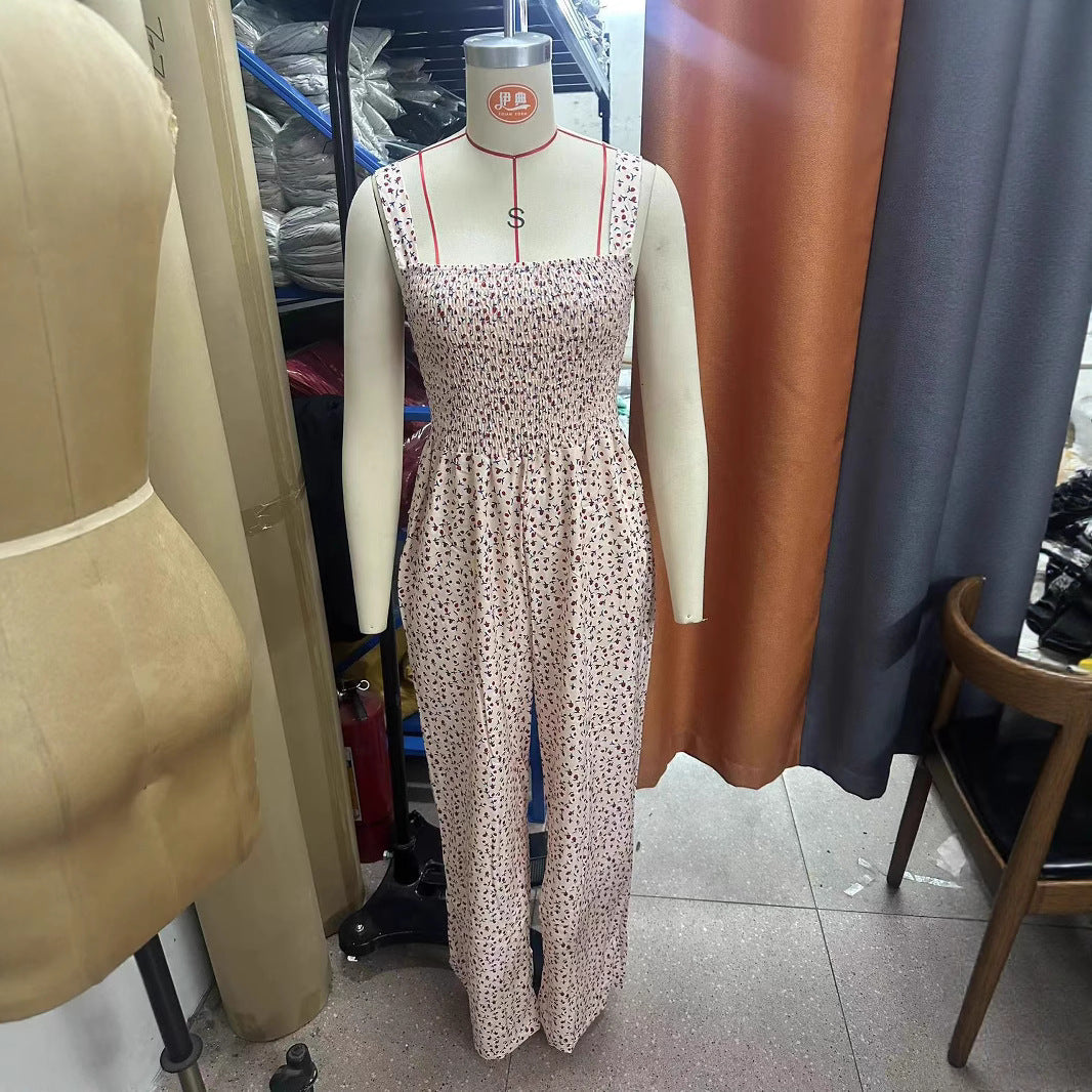 Chic Printed Pleated Pocket Overalls with Straps