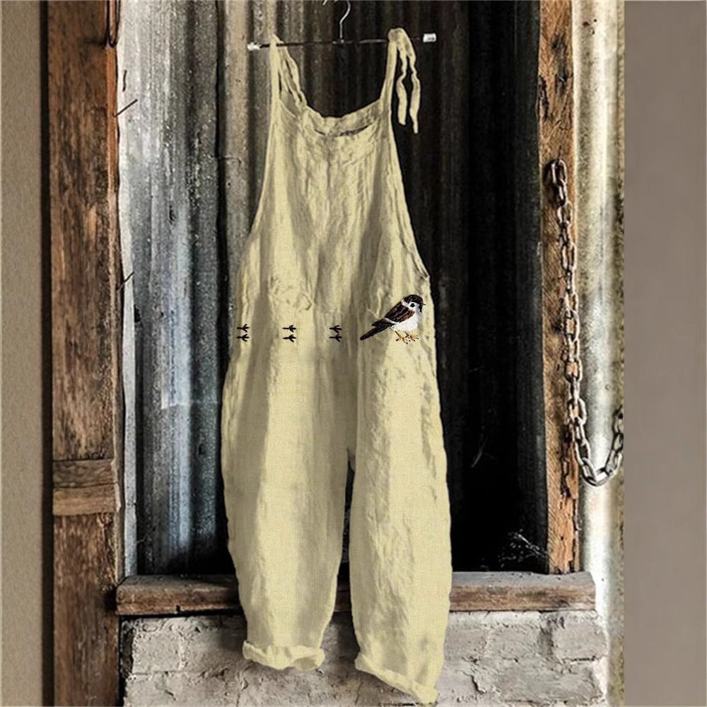 Women's Vintage Print Flared Suspender Pants