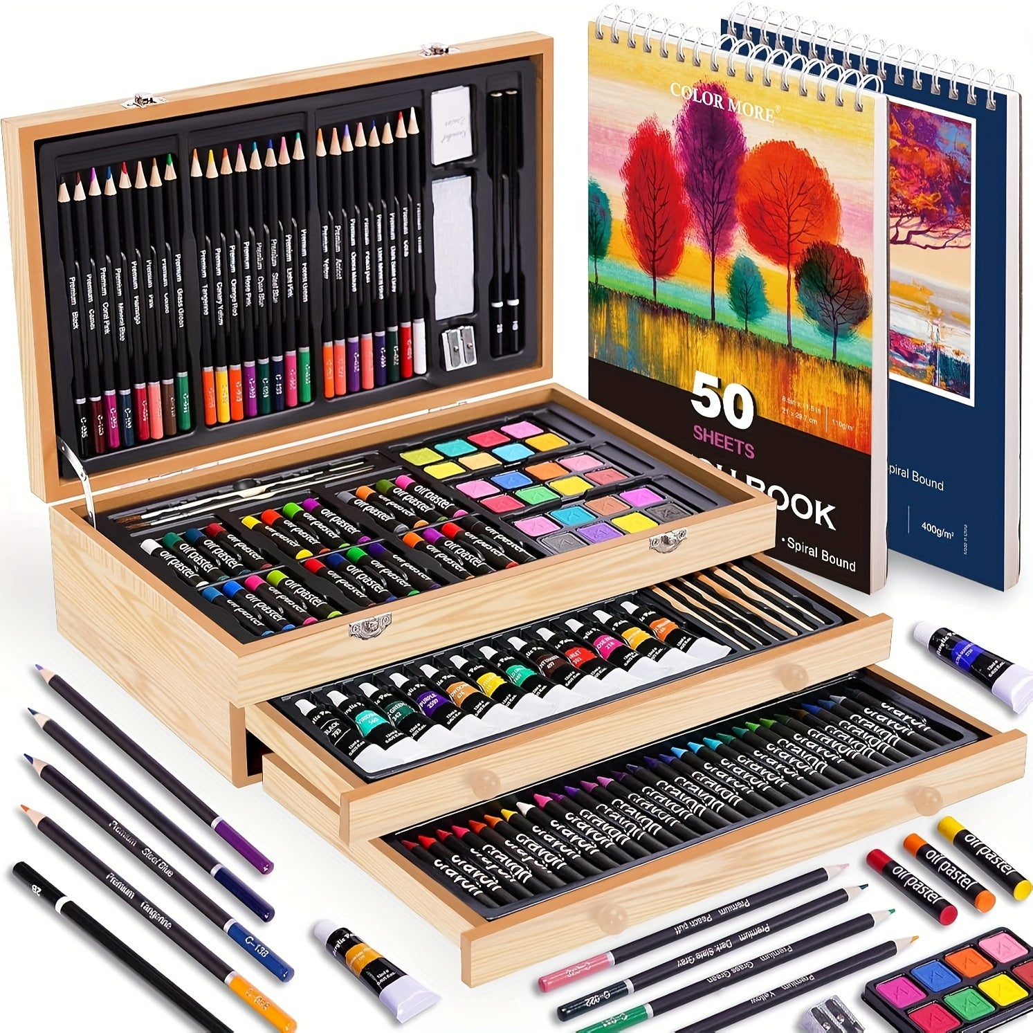 175pcs Deluxe Art Set with 2 Drawing Pads, Crayons, Acrylic Paints, Colored Pencils Set In Wooden Case, Professional Art Kit, Paint Supplies, Gift, Christmas & Halloween, Back to School, Art Kit...