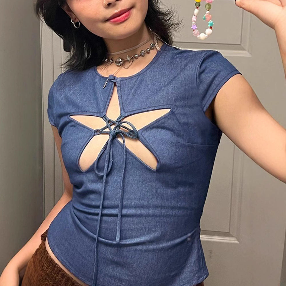 Blue Lace‑Up Hollow‑Out Tied Top – Trendy Street Shirt