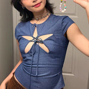 Blue Lace‑Up Hollow‑Out Tied Top – Trendy Street Shirt
