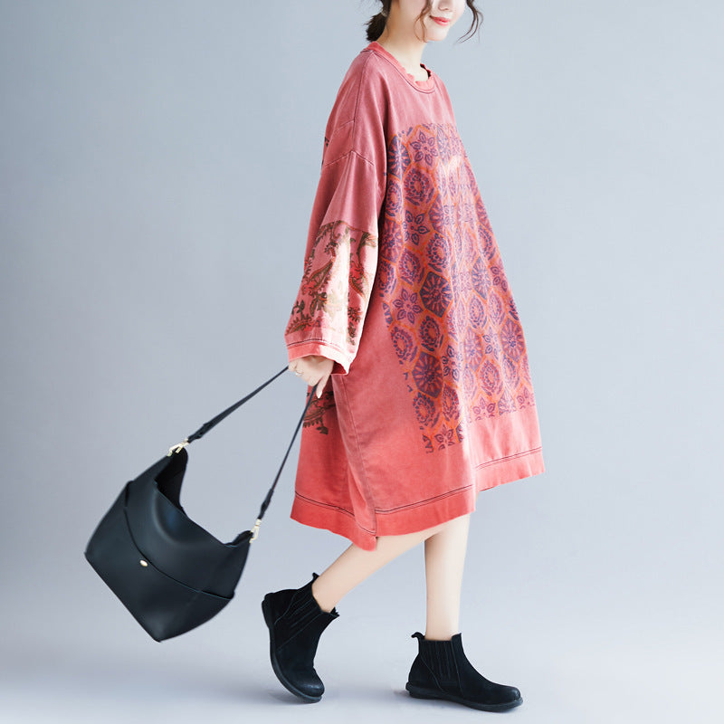Plus Size Batwing Sleeve Printed Casual Dress