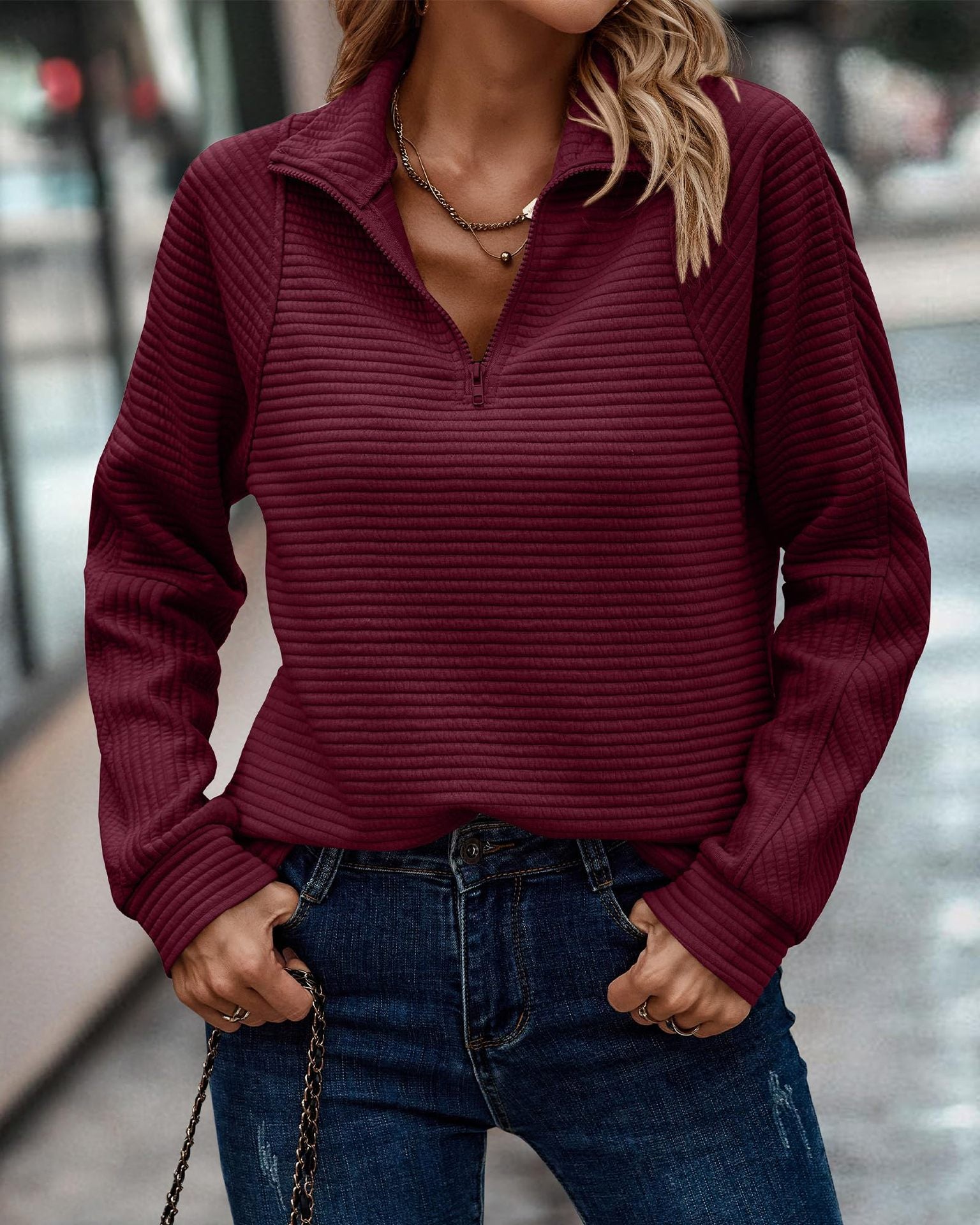 Women's Striped Zipper Stand Collar Sweatshirt