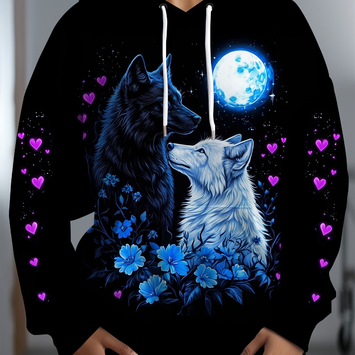 [Plus Size Wolf Hoodie] Women's Plus Size Elegant Black And White Wolf Print Hoodie - Casual Pullover Hoodie for Autumn And Winter - Machine Washable, Slightly Stretchy Fabric, All-Over Print Design