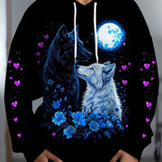 [Plus Size Wolf Hoodie] Women's Plus Size Elegant Black And White Wolf Print Hoodie - Casual Pullover Hoodie for Autumn And Winter - Machine Washable, Slightly Stretchy Fabric, All-Over Print Design