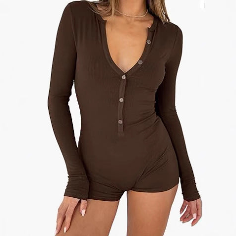 Women's Long-Sleeve Casual Skinny Jumpsuit Shorts