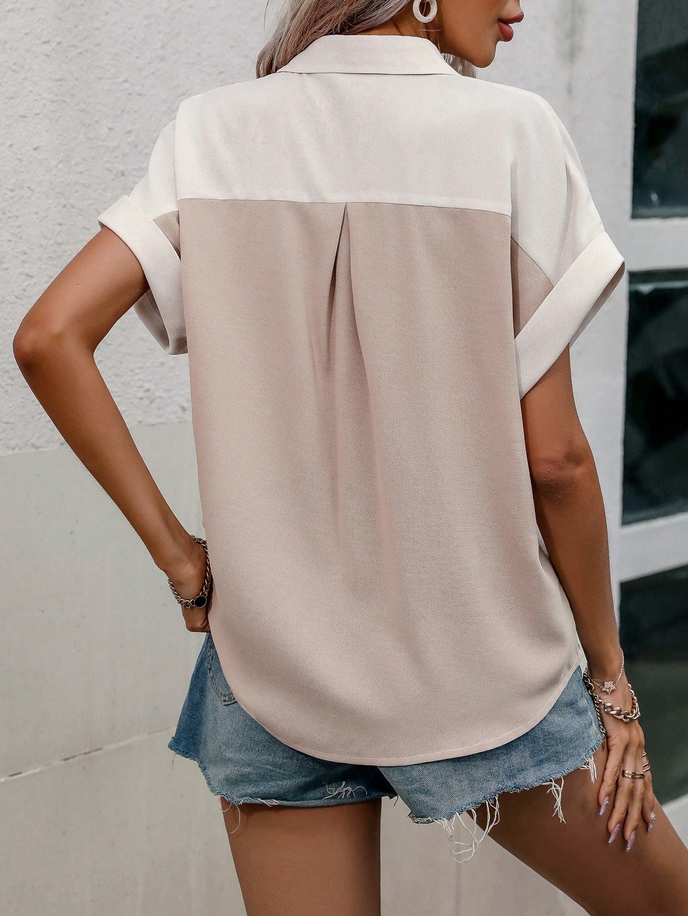Two Tone Batwing Sleeve Pocket Patched Shirt