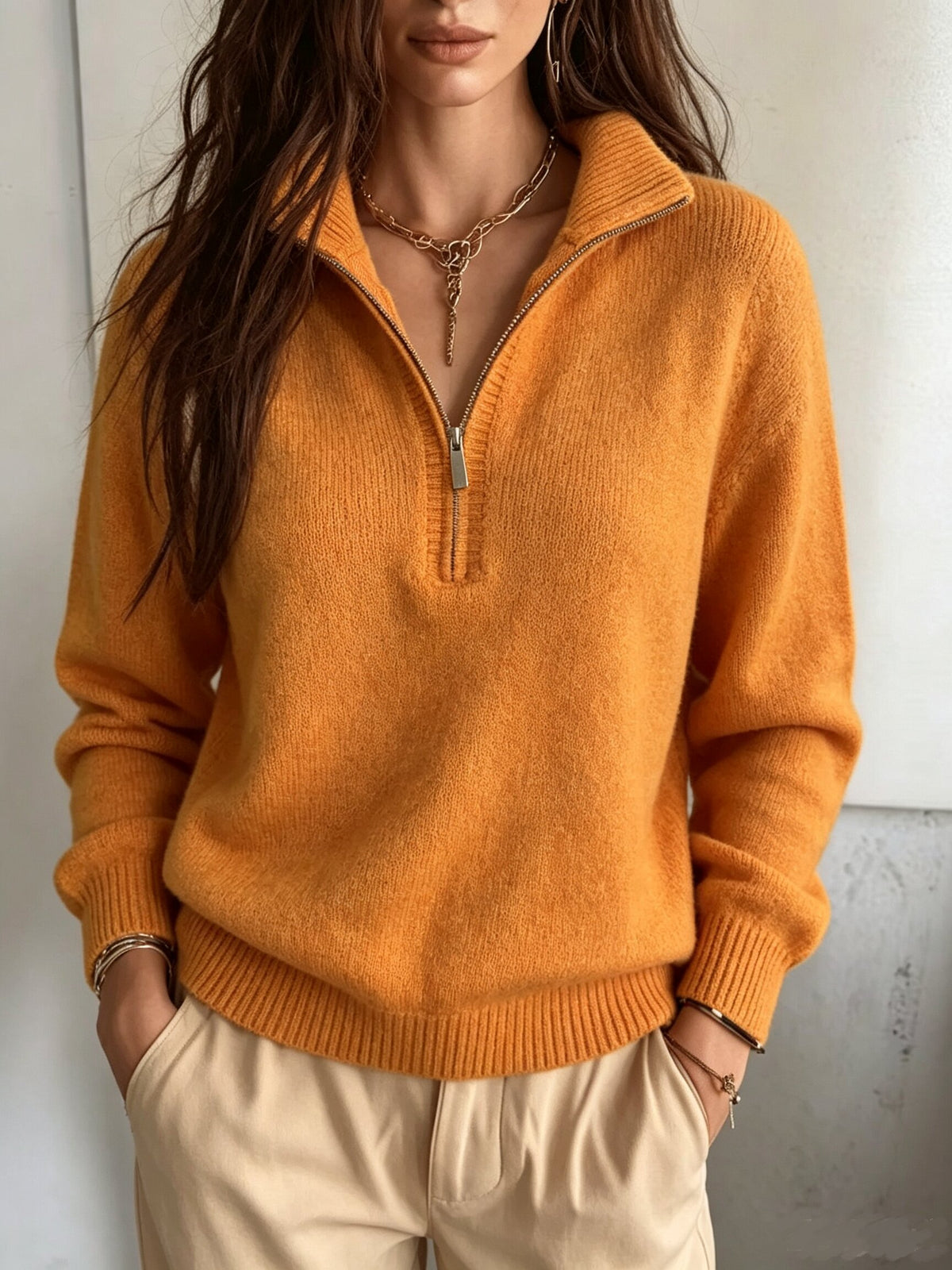 Casual Solid Color High Neck Half-zip Long Sleeve Knit Sweater