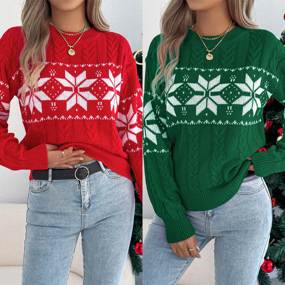 European and American Snowflake Pattern Lantern Long Sleeve Pullover Sweater