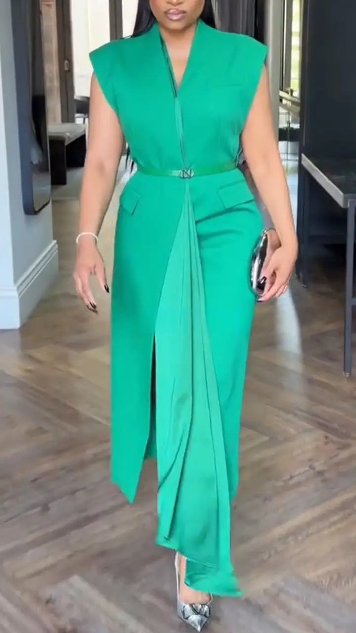 Womens Solid-color Lace-up Sleeveless Suit Dress