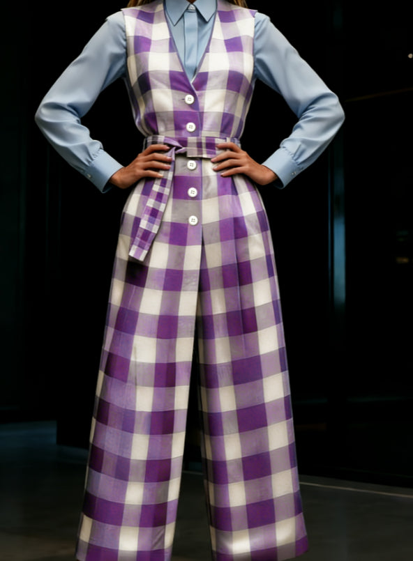 Women's American Retro V-Neck Button-Down Waist Wide-Leg Jumpsuit