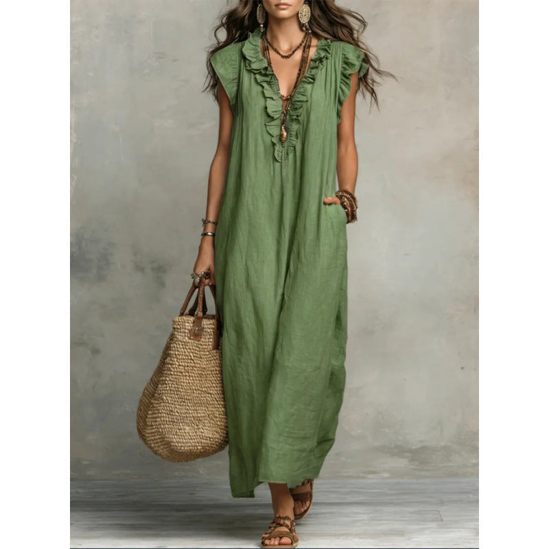 Bohemian V-Neck Flutter Sleeve Maxi Dress