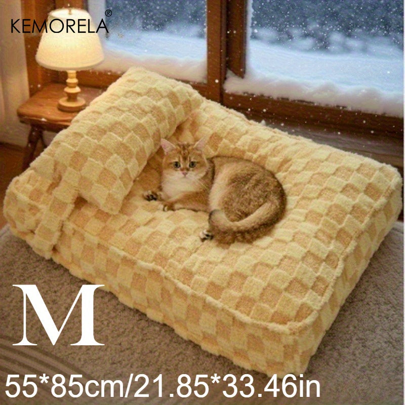Kemorela Extra Small, Medium & Large Dog & Cat Sofa Bed - Ultra-Warm Removable Washable Pet Bed With Pillows, Soft Coral Fleece High Rebound, Square Cozy Bed For Small Dogs & Cats, Autumn & Winter Use