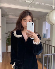 Velvet Lapel Single Breasted Lace Stitching Shirt