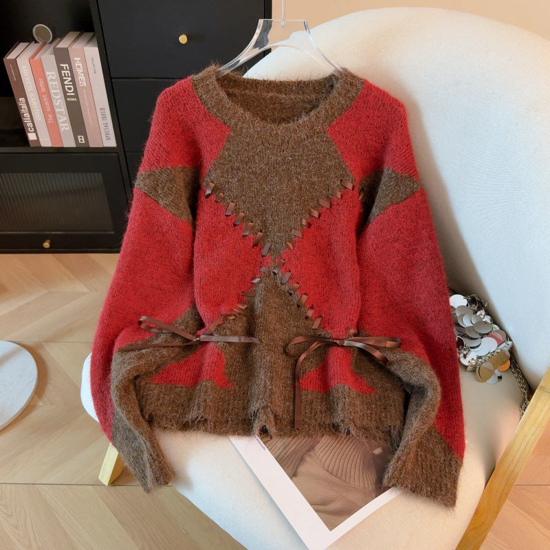 Drawstring Sweater Contrast-color Knit Top for Women