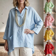 V‑Neck Boho‑Chic Three‑Quarter Sleeve Shirt – Casual Solid Color