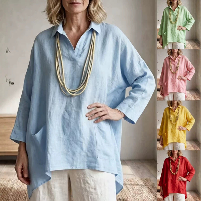 V‑Neck Boho‑Chic Three‑Quarter Sleeve Shirt – Casual Solid Color